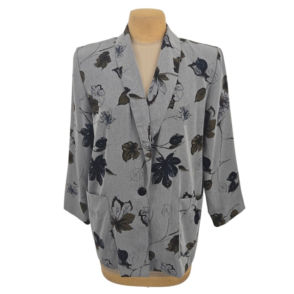 Kensington Square Blazer Women Large Grey Floral Lightweight Vintage 80s Career